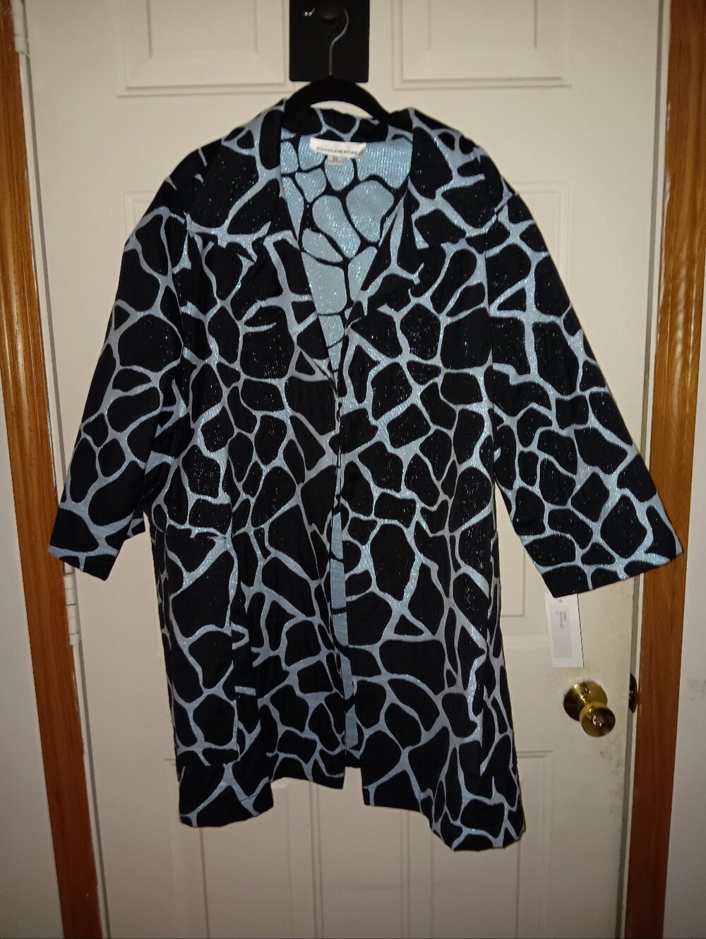 Caroline Rose Metallic Blue & Black Shimmer Giraffe Print, Open Front Jacket NWT
